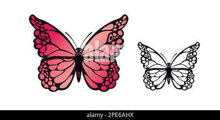 Lustige bunte Schmetterling. Flacher Vektor-Satz von detailreichen Schmetterlingen. Niedliche Charaktere. Karte, Postkarten für Kinder. Symbol „Silhouette“ Stock Vektor