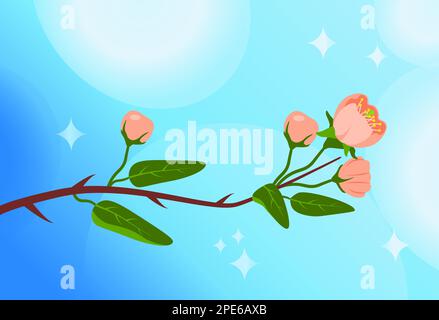 Frühlingszweig in Blüte mit verlaufendem Hintergrund und blauem Himmel Stock Vektor