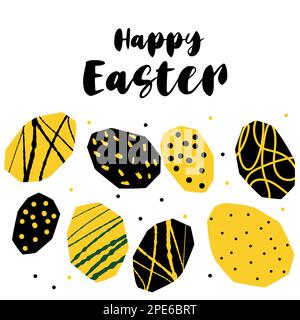 Happy Easter stilisierte Textur ostereier Illustration im Schnittstil Gelb schwarz isoliert auf Weiß Stock Vektor