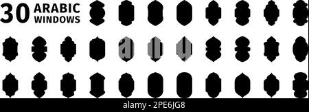 30 verschiedene Fenster arabisches Rahmenset. Traditionelle islamische Bögen. Arabische Fenster bogen verschiedene Formen für muslimische Architektur. Stock Vektor