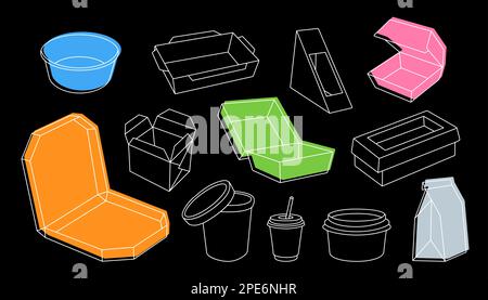 Set aus Pappkartons zum Mitnehmen. Pappschachteln zum Mitnehmen von Lebensmitteln. Papierausgabebehälter. Straßenverpackungen. Recycelbares Verpackungssortiment Stock Vektor