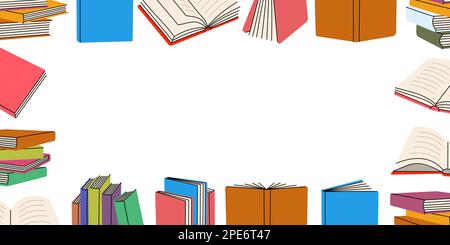 Bücher Skizzen horizontale Bannervorlage. Linienhintergrund für geschlossene und offene Bücher. Buchladen, Bibliothek, Buchladen. Literatur, Wörterbücher, Planer Stock Vektor