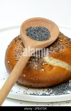 Brötchen mit Mohnsamen, Leinsamen und Sesamsamen, Brezelrolle mit blauen Mohnsamen im Kochlöffel Stockfoto