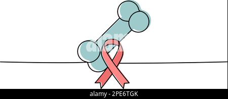 Menschlicher Knochen mit Band einzeiliger, durchgehender Zeichnung. Krebsbewusstseinsband, AIDS-Band durchgehende einzeilige, farbenfrohe Illustration. Vektorminim Stock Vektor