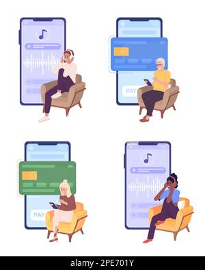 Verwendung mobiler Apps im Alltag Flachkonzepte Vektor-Spot-Illustrationen Stock Vektor