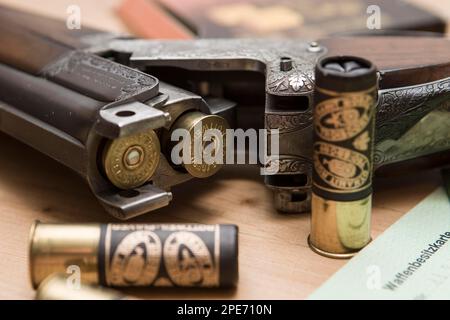 Dekorierte Jagdwaffen mit Munition, Jagdschein und Waffenbesitzerkarte und Hessen, Deutschland Stockfoto