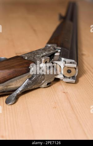 Dekorierte Jagdwaffen mit Munition, Jagdschein und Waffenbesitzerkarte und Hessen, Deutschland Stockfoto