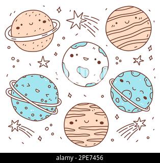 Ein Set süßer lächelnder Planeten und Sterne, isoliert auf weißem Hintergrund. Handgezeichnete Vektorgrafik im Doodle-Stil. Kawaii-Figuren. Perfekt für Dekorationen, Logos, verschiedene Designs. Stock Vektor