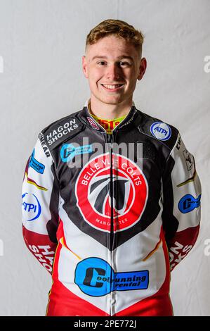 Sam Hagon von Belle Vue Colts während des Belle Vue Aces Media Day im National Speedway Stadium, Manchester, am Mittwoch, den 15. März 2023. (Foto: Ian Charles | MI News) Stockfoto