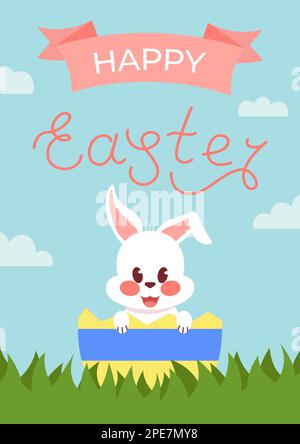 „Happy Easter“-Schriftzug Auf Der Postkarte Oder Dem Banner Mit Rabbit. Vektordarstellung In Flacher Form Stock Vektor
