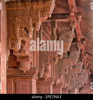 Exquisit geschnitzte quadratische rote Sandsteinsäulen des Jahangiri Mahal in Agra Fort Stockfoto