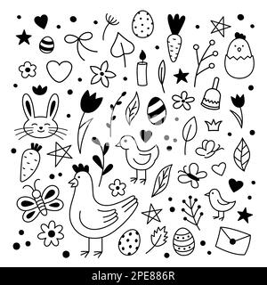 Frohes Osterkritzelset. Niedliche Figuren und Designelemente wie Eier, Häschen, Kaninchen, Hühner, Frühlingsblumen, Schmetterlinge, Herzen, Sterne. Handgezeichnetes Doodle-Bild Stock Vektor