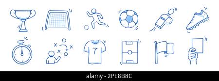 Fußball-Doodle-Symbol. Fußballtor, Pokal, Pfiff, handgezogene Linie, Zeichensymbol. Vektordarstellung Stock Vektor
