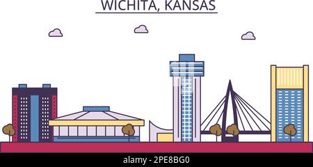 Vereinigte Staaten, Wichita Tourismus Wahrzeichen, Vector City Travel Illustration Stock Vektor