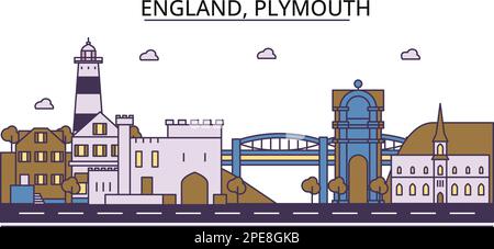 Großbritannien, Plymouth Tourism Landmarks, Vector City Travel Illustration Stock Vektor