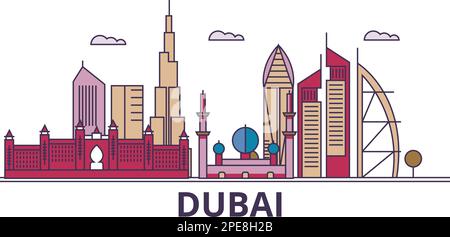 Vereinigte Arabische Emirate, Sehenswürdigkeiten von Dubai City Tourismus, Vector City Reise Illustration Stock Vektor