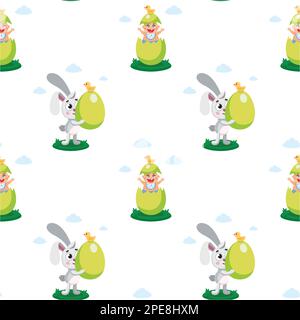 Frohes, nahtloses Ostermuster. Niedliches Vektormuster für Kinderbekleidung, Textil mit osterrebbits und Eiern. Handgezeichnetes Doodle-Bild. Oster-Zeichentrickfiguren. Stock Vektor