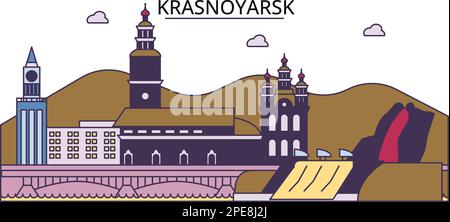 Russland, Krasnojarsk Tourismus Wahrzeichen, Vektorstadt Reise Illustration Stock Vektor