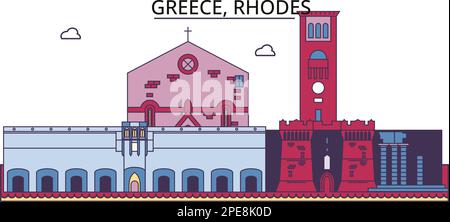 Griechenland, Rhodos Touristenattraktionen, Vektor-Stadt-Reise-Illustration Stock Vektor