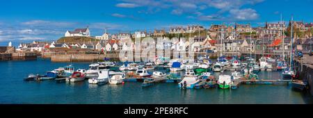 Blick im Frühling auf den Hafen von Findochty auf Moray Firth, Moray, Schottland, Vereinigtes Königreich Stockfoto