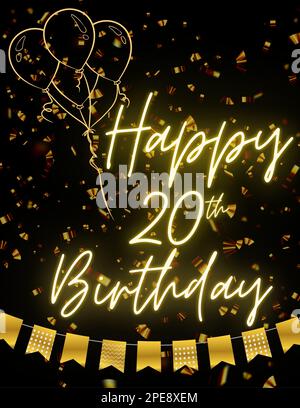 HAPPY 20. BIRTHDAY Schwarze goldene Karte Einladung zur Feier. Premium, Luxus, Design, einzigartig. Stockfoto