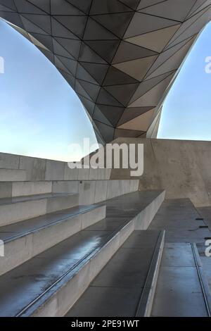 Ein organischer facettierter pilar, einer der bedeutendsten Merkmale des Musée des Confluences in Lyon, Frankreich bei Nacht. Das Gebäude ist dekonstruktivistisch Stockfoto