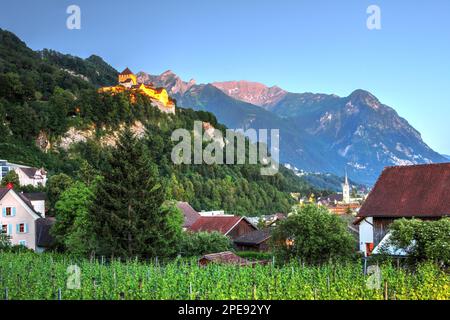 Schloss Vaduz (Schloss), Liechtenstein hoch über den Weinbergen in der Dämmerung. Stockfoto