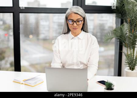 Geschäftsfrau, die am Schreibtisch sitzt, sich eine Webcam anschaut und online mit dem Kunden spricht oder ein Tutorial ansieht. Ältere Büroangestellte oder Therapeutin mit Termin, virtuelles Meeting über Laptop Stockfoto