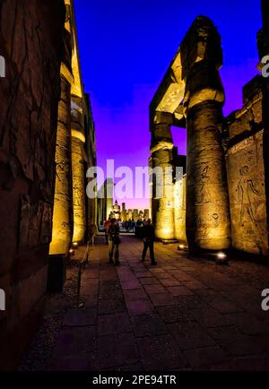 Eintritt zum ersten Hof von Ramesses II, im Tempel von Luxor, bei Nacht mit Flutlicht Stockfoto