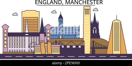 Großbritannien, Manchester Tourism Landmarks, Vector City Travel Illustration Stock Vektor