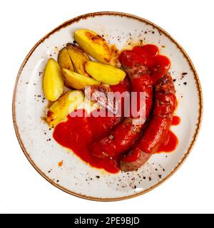 Würstchen mit Kartoffelscheiben in Tomatensoße Stockfoto