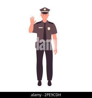 Der Polizist zeigt eine Stoppbewegung. Standing Police Officer in Uniform Vector Illustration Stock Vektor