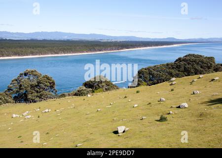 Der malerische Blick auf die Parklandschaft des Mount Maunganui mit Steinen und den endlosen Strand auf der Insel Matakana im Hintergrund (Neuseeland). Stockfoto