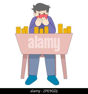 Der Junge sitzt ernsthaft und spielt Glücksspiel Stock Vektor