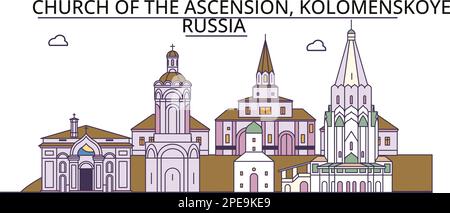 Russland, Kolomenskoye, Kirche des Aufstiegs, Tourismus-Wahrzeichen, Vektorstadt-Reise-Illustration Stock Vektor