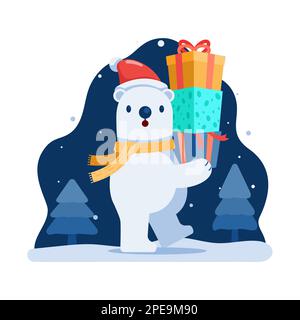 Süßer Eisbär zu Weihnachten mit Geschenkbox. Merry Christmas und Happy New Year Concept. Stock Vektor
