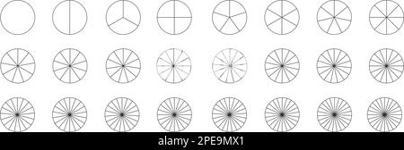 Vorlagen für Ringdiagramme oder Tortendiagramme. Der Kreis wird auf gleichen Teilen von 2 bis 24 geteilt. Satz grafischer Raddiagramme mit isolierten Sektoren auf weißem Hintergrund. Darstellung der Vektorkontur Stock Vektor