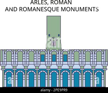 Frankreich, Arles, römische und romanische Denkmäler Wahrzeichen des Tourismus, Vektorstadt-Reiseanschauung Stock Vektor