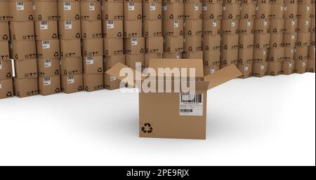 Zusammensetzung der geöffneten Pappschachtel über einem Stapel von Kartons auf weißem Hintergrund Stockfoto