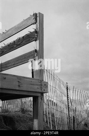 Am Salisbury Beach, Massachusetts, erhebt sich eine hölzerne Veranda, die mit Weihnachtslichtern dekoriert ist. Das Bild wurde in analogem Schwarzweiß aufgenommen Stockfoto