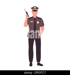 Polizist mit Walkie-Talkie. Funktionierender Polizist, Polizist in Uniform-Vektordarstellung Stock Vektor
