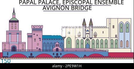 Frankreich, Papstpalast, Episkopal Ensemble Avignon-Brücke, Touristenattraktionen, Vektor-Stadt-Reise-Illustration Stock Vektor