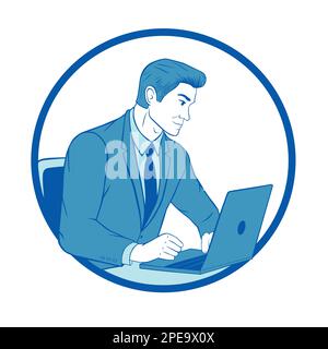 Junger Geschäftsmann, der im Home Office an seinem Schreibtisch mit einem Laptop arbeitet. Vektoraufkleber auf weißem Hintergrund. Stock Vektor