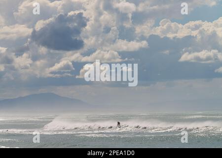 Ein Mann surft in Neuseeland mit einem Stand-Up-Paddleboard, Pegasus Bay, mit Kaikoura in der Ferne, Christchurch Neuseeland. Stockfoto