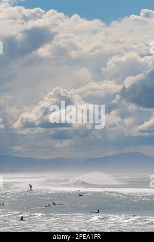 Leute surfen Wellen in Pegasus Bay Neuseeland, mit Kaikoura in der Ferne. Stockfoto