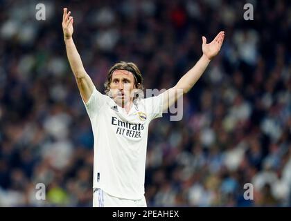 Madrid, Spanien. 15. März 2023. Luka Modric von Real Madrid während des Spiels der UEFA Champions League spielte am 15. März 2023 im Stadion Santiago Bernabeu in Madrid, Spanien, die 16. Runde mit 2. Etappe zwischen Real Madrid und dem FC Liverpool. (Foto: Colas Buera/PRESSIN) Kredit: PRESSINPHOTO SPORTS AGENCY/Alamy Live News Stockfoto