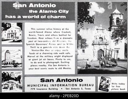 Anzeige für Reiseziele in San Antonio Texas in einem Magazin in NatGeo Juni 1956 Stockfoto