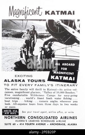 Alaska Airline – Northern Consolidated Airlines Werbeanzeige in einem NatGeo Magazin Juni 1956 Stockfoto