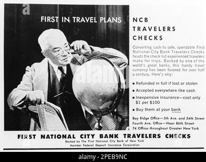 Erste National City Bank Traveller Schecks Werbung in einem NatGeo Magazin September 1956 Stockfoto