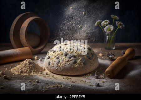 Rustikales Sauerteig-Ciabatta-Brot mit Utensilien und Zutaten auf einem rustikalen Hartholztisch. Frisch gebackenes Ciabatta-Brot, Stockfoto